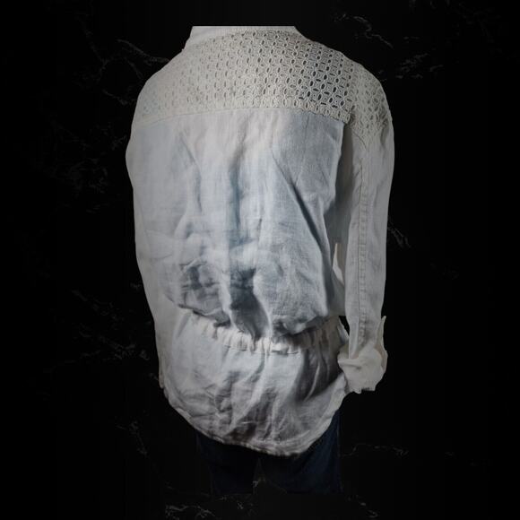 Saint Tropez West White Eyelet Linen Button Cinch Waist Utility Jacket Sz Medium - Picture 5 of 16
